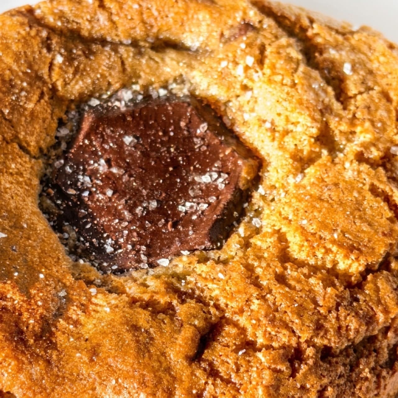 Close view of the melted dark chocolate and sea salt on top of the cookie
